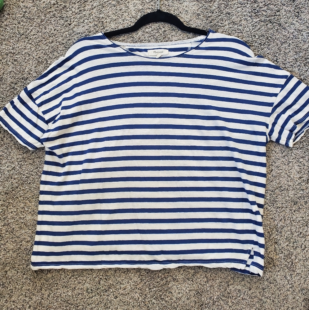 Madewell Shirt Womens Size Medium Blue White Striped Cropped Loose Fit
